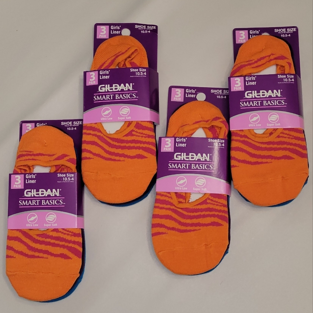Gildan Orange and Pink Girls' Liner Socks 4 - 3 Packs. 12 Pair Total